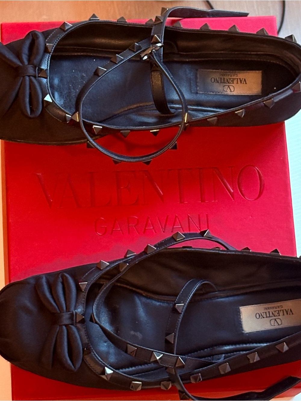 Valentino Garavani Black Leather and satin Rockstud Bow Ballet Flats